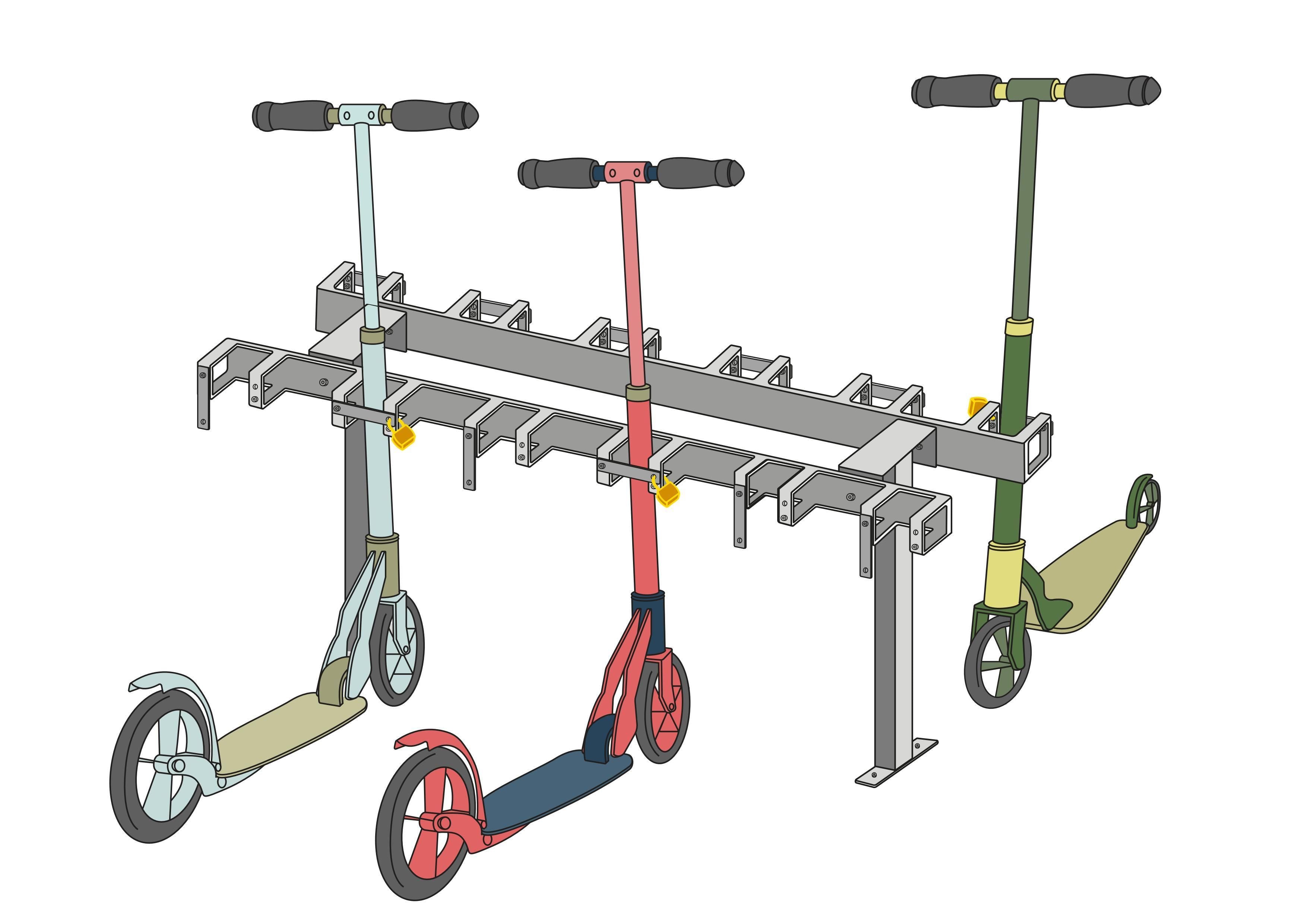 support pour trottinettes avec 12 places de stationnement verrouillables  double face (pose libre ou à sceller)