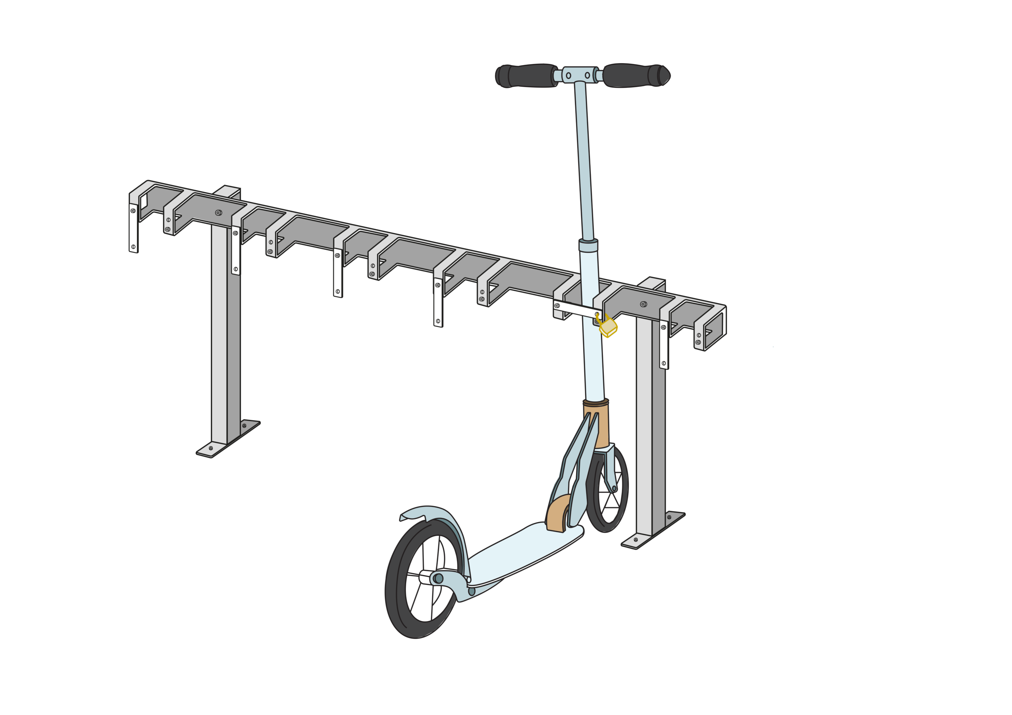 Support pour trottinettes avec 6 places de stationnement verrouillables pour les trottinettes avec support au sol