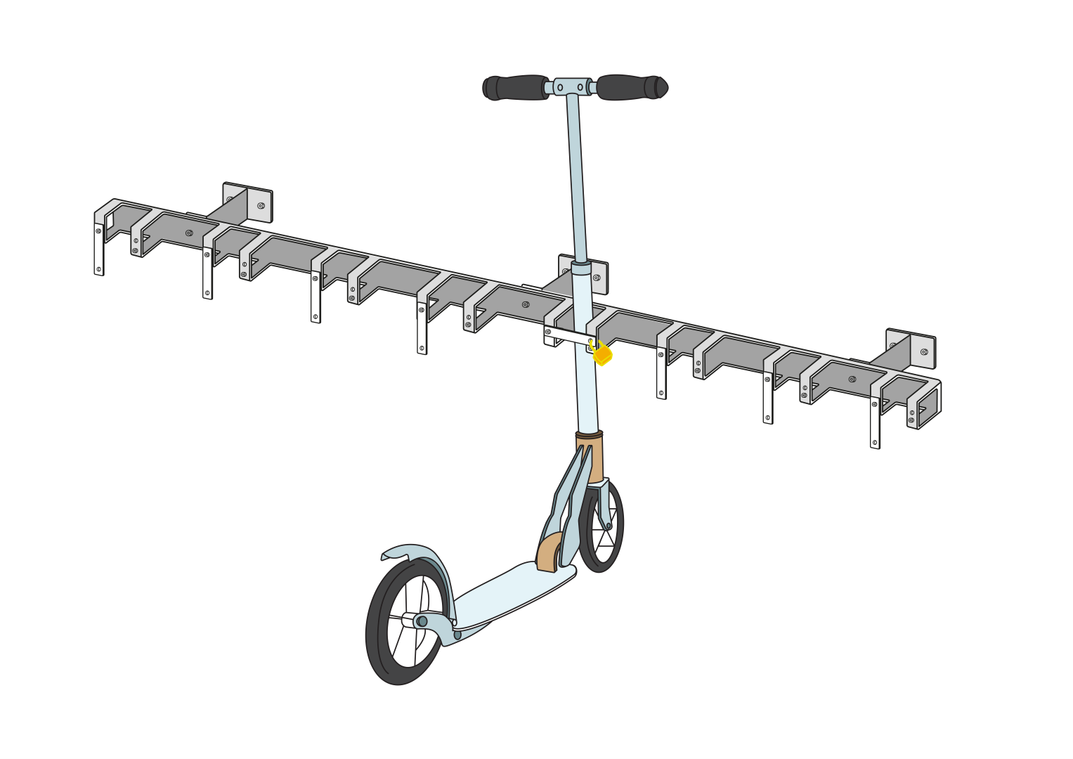 Support mural pour trottinettes avec 8 places de stationnement verrouillables pour les trottinettes