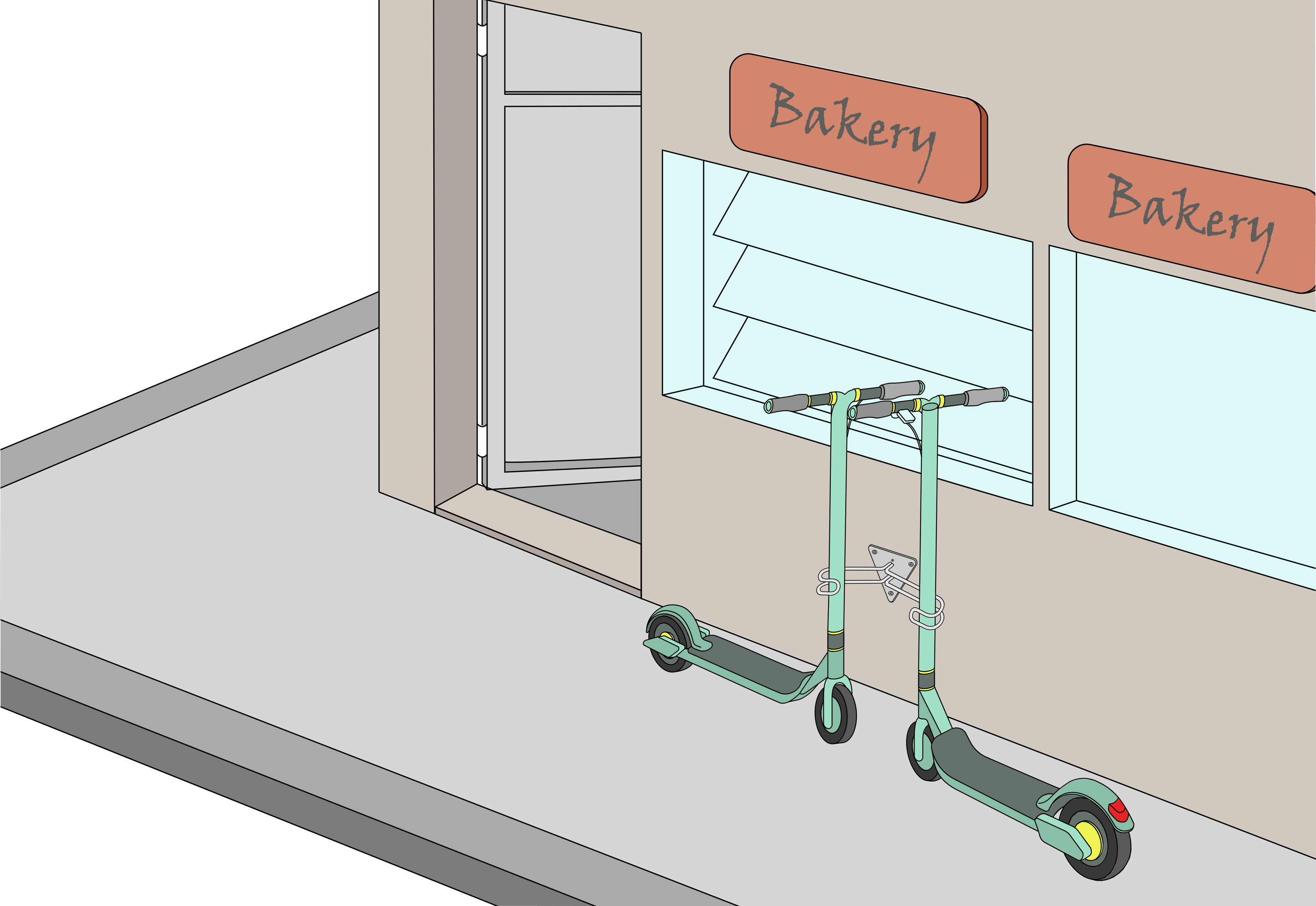 BAFFI  exemple devant un commerce- support pour trottinettes avec 2 places de stationnement non verrouillables pour e-trottinettes et trottinettes à pédales