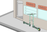 BAFFI  exemple devant un commerce- support pour trottinettes avec 2 places de stationnement non verrouillables pour e-trottinettes et trottinettes à pédales