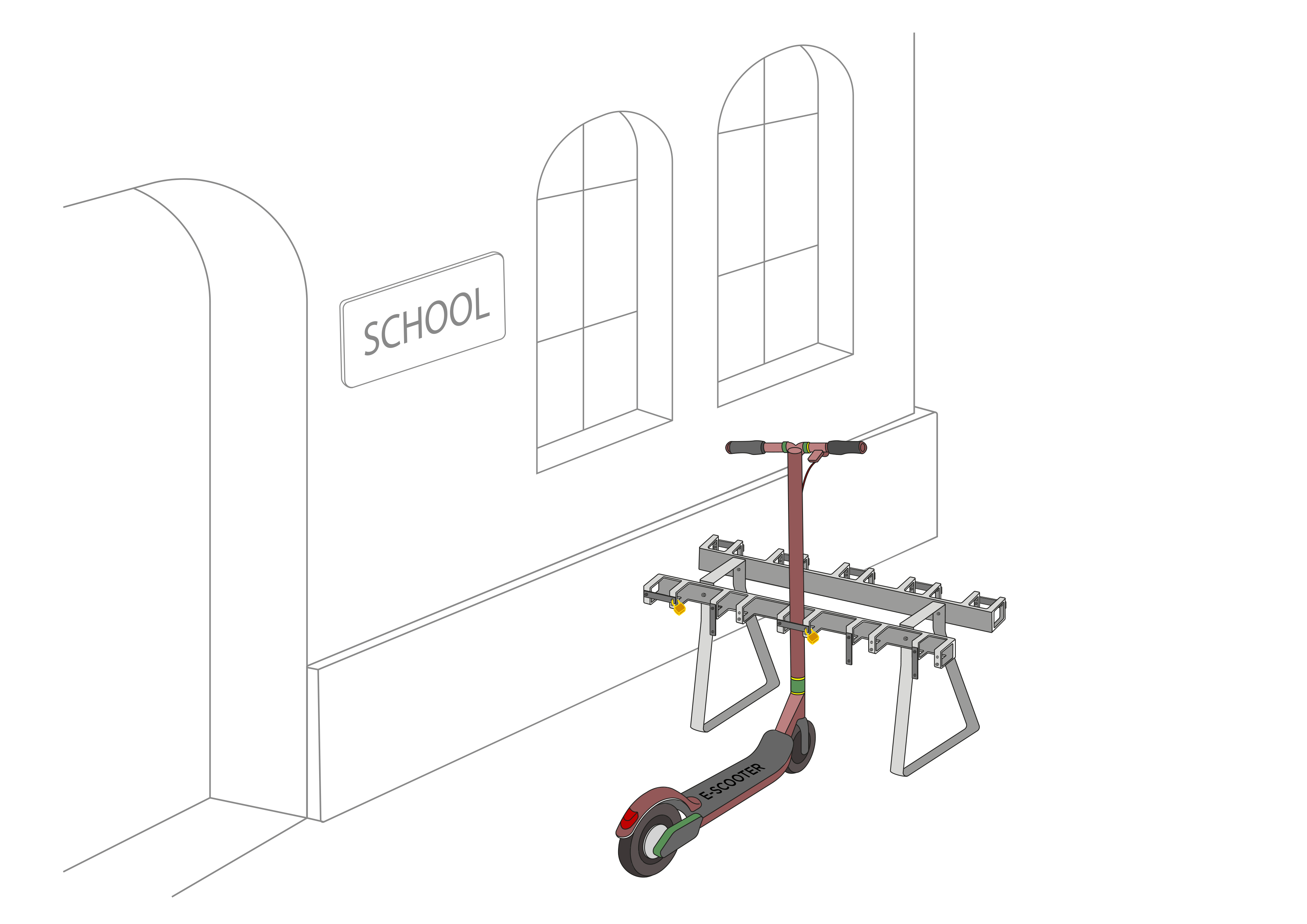 Support pour trottinettes avec 10 places de stationnement verrouillables pour e-trottinettes et trottinettes à pédales double face, (pose libre ou à sceller dans le sol)