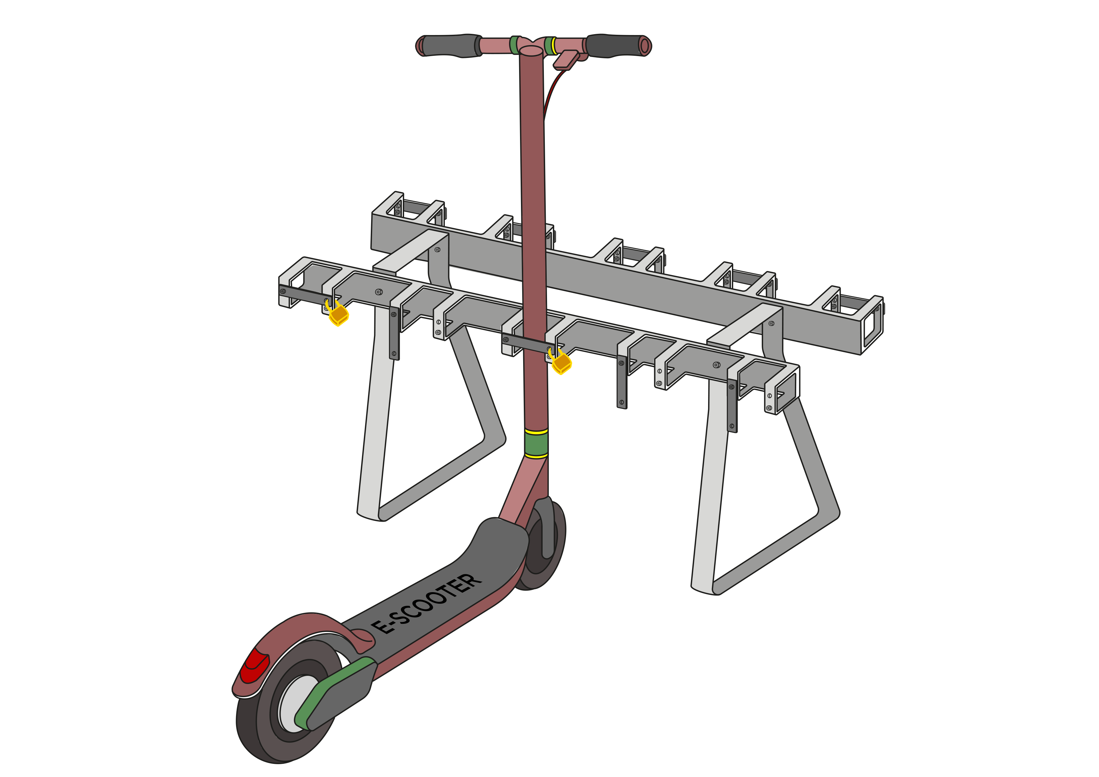 Support pour trottinettes avec 10 places de stationnement verrouillables pour e-trottinettes et trottinettes à pédales double face, (pose libre ou à sceller dans le sol)