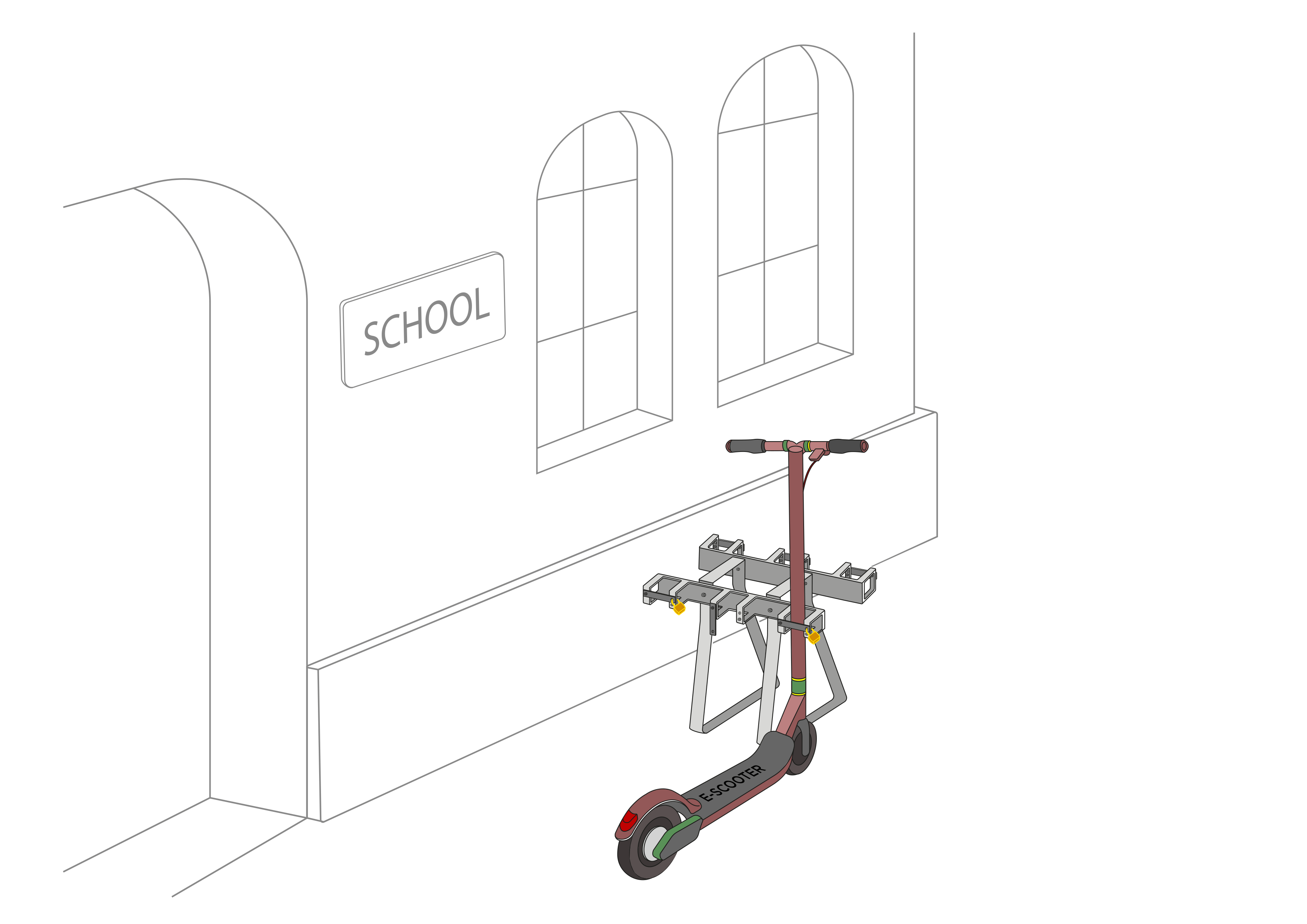 6 Stellplätze für e-Scooter und Tretroller mit Bügelbodenstehern (freistehend oder zum Andübeln)